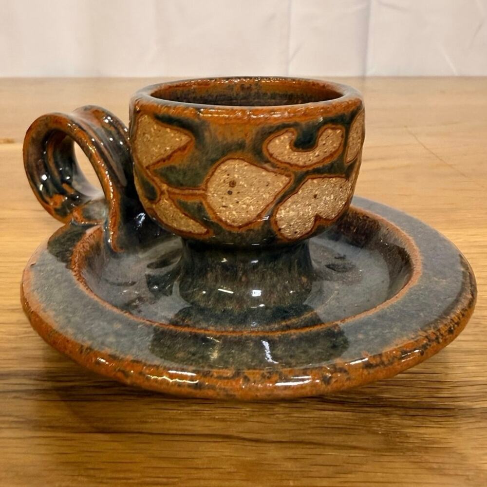 Vintage Signed Studio Pottery Chamberstick Candle Holder Blue Brown Loop Handle